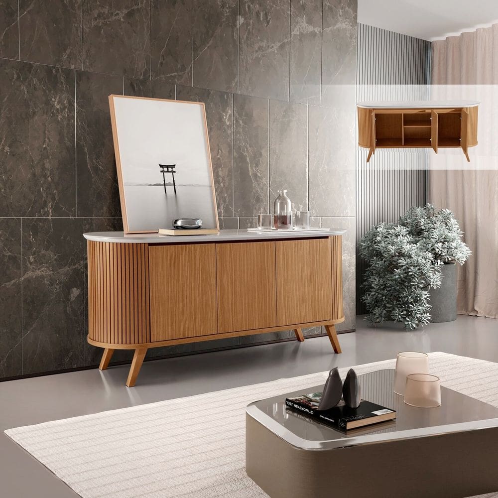 Buffet Ripado em Mdf Vidro 164cm X 47cm Luna Castanho Cinamomo /  Off White