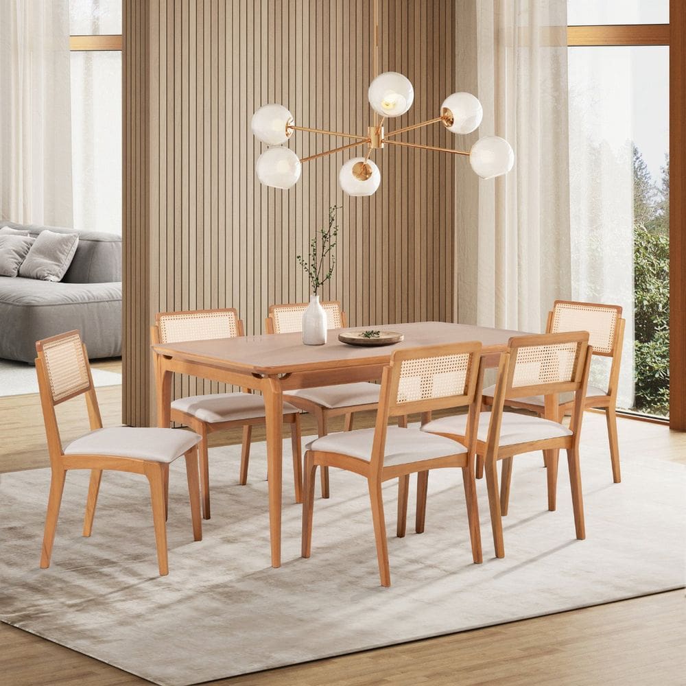 Conjuto Sala de Jantar com 1 Mesa Tampo Laminado 160cm e 6 Cadeiras Verona Verniz Mel/Cru