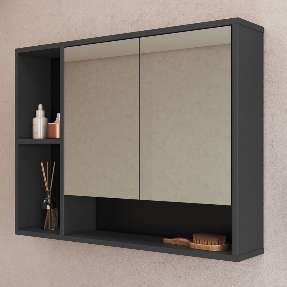 Armário Espelheira de Banheiro 80cm com 2 Portas e Nichos Bari Grafite