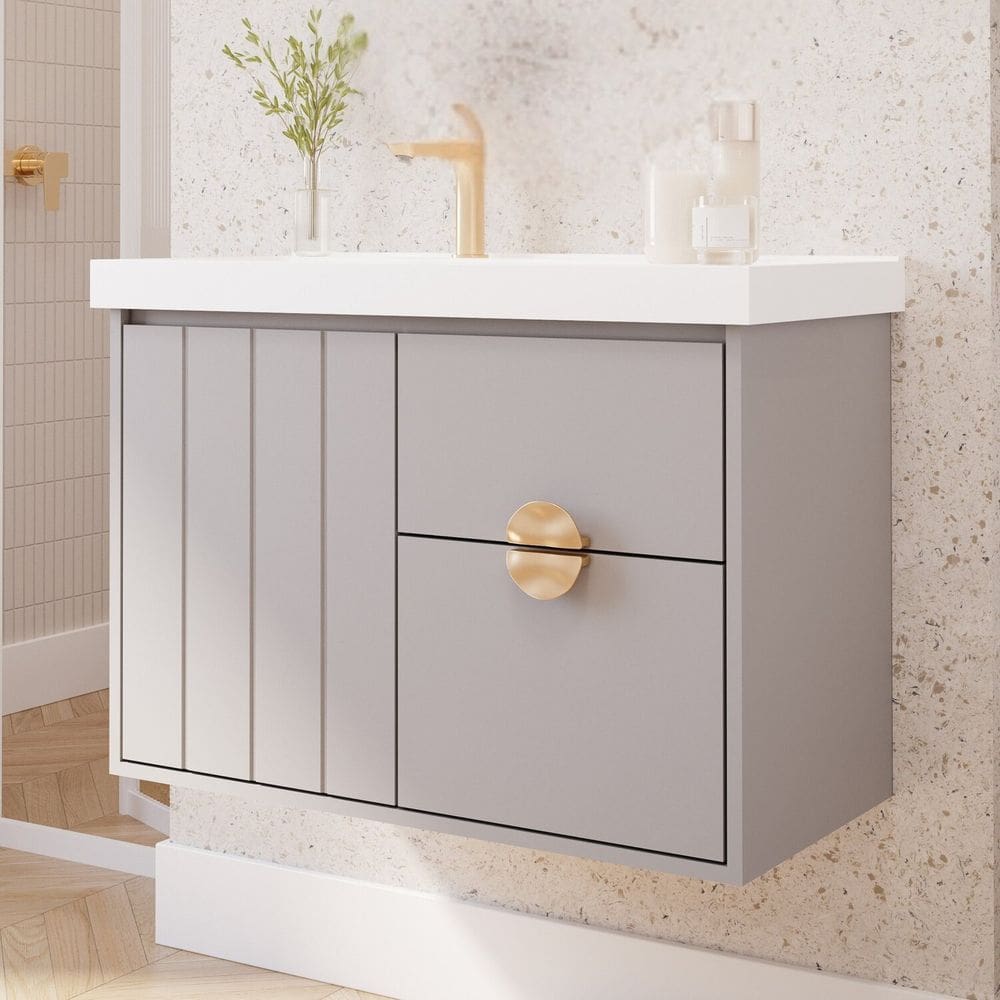 Gabinete para Banheiro 80cm com 1 Porta 2 Gavetas e Cuba de Sobrepor Decor Platina