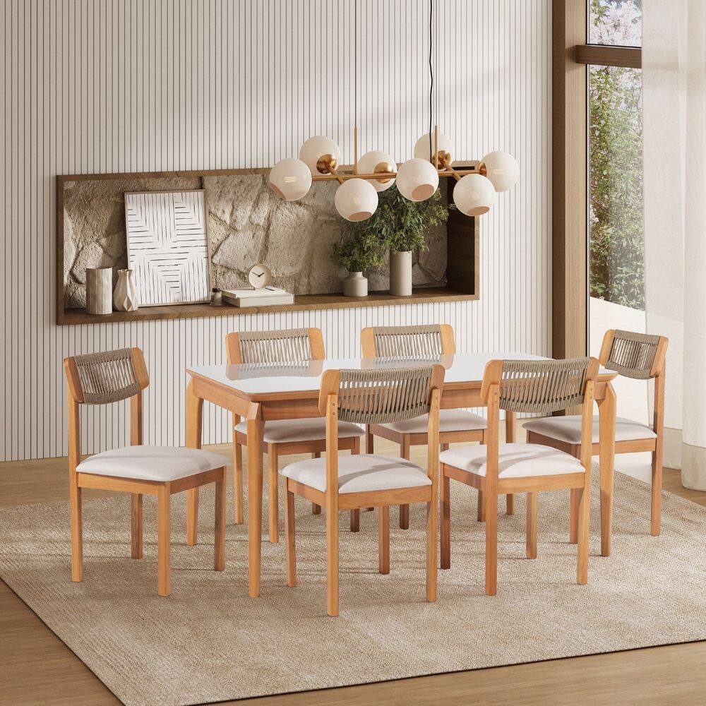 Conjunto Sala de Jantar 1 Mesa 160cm Tampo Laminado com Vidro e 6 Cadeiras Corda Florença Mel/Areia/Cru/Off White