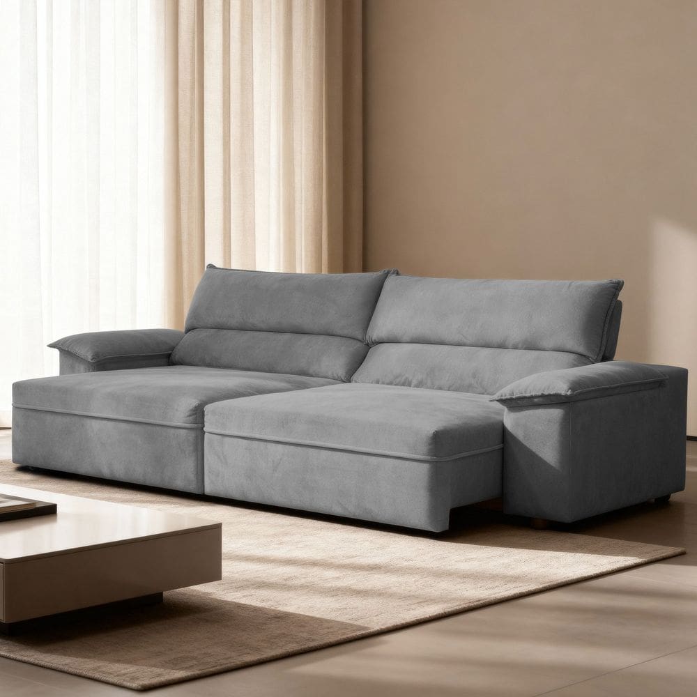 Sofá Retrátil e Reclinável Molas Ensacadas 230cm Veludo Malta Cinza