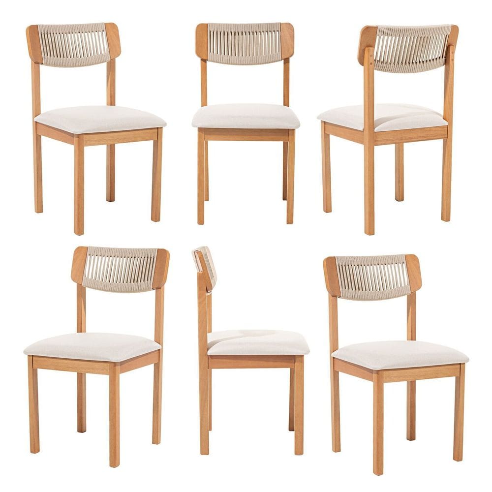Kit 6 Cadeiras com Encosto Corda Assento Estofado Florença Areia/Cru/Verniz Mel