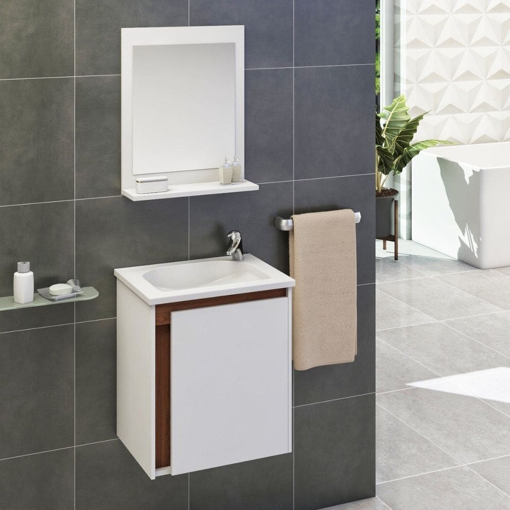 Kit Gabinete de Banheiro com Espelheira 40cm Apollo Branco/Freijó