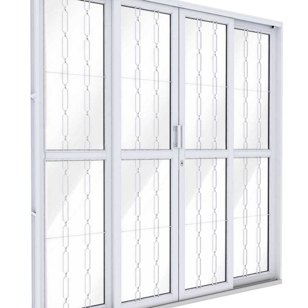 Porta de Aço de Correr Central com Grade Mosaico 4 Folhas 213x200 Riobras Aço Pronto Branco