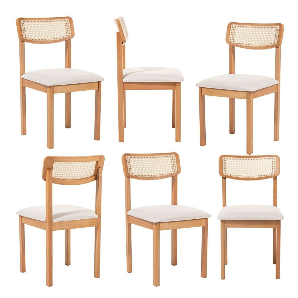 Kit 6 Cadeiras com Encosto Tela, Assento Estofado Florença Cru/Verniz Mel