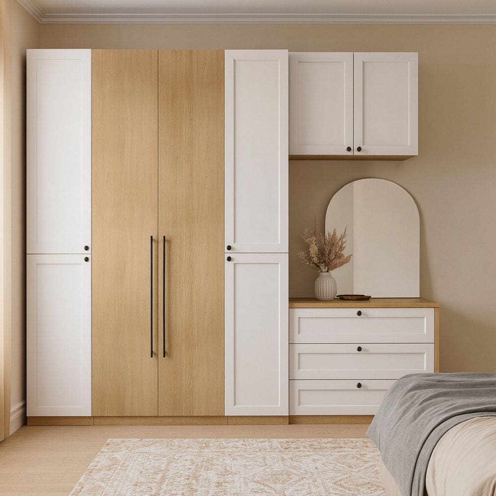 Quarto Modulado Casal Completo Provençal Americano com 5 Peças 100% Mdf Infinity Savana/Branco