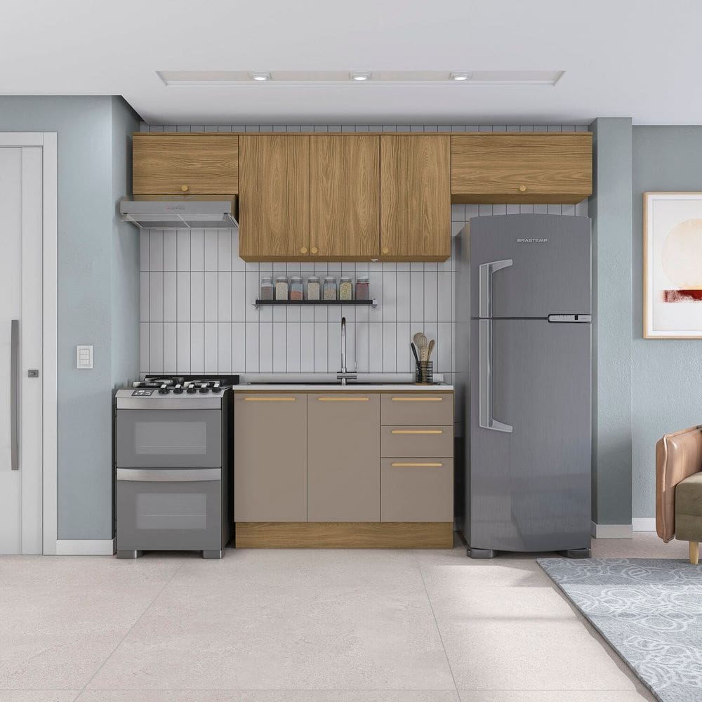 Cozinha Compacta 4 Peças com Balcão e Armários Botanic Nogueira/Cinza