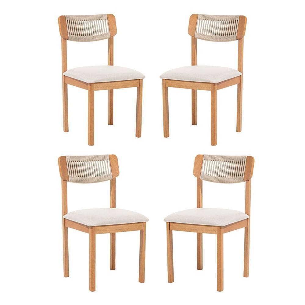 Kit 4 Cadeiras com Encosto Corda Assento Estofado Florença Areia/Cru/Verniz Mel