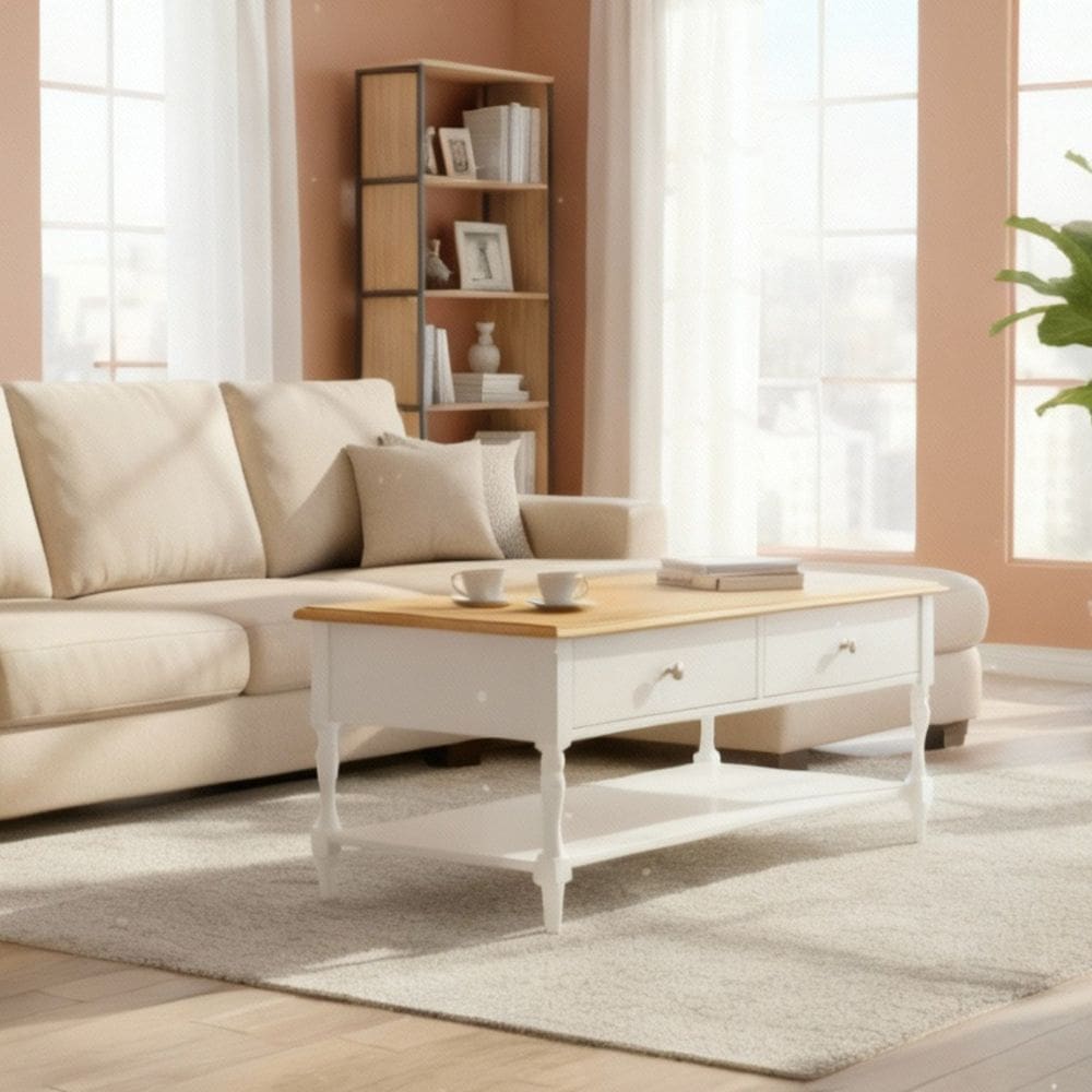 Mesa de Centro 2 Gavetas 100cm Tampo de Madeira Maciça e Pés Torneados Louise Branco/Mel