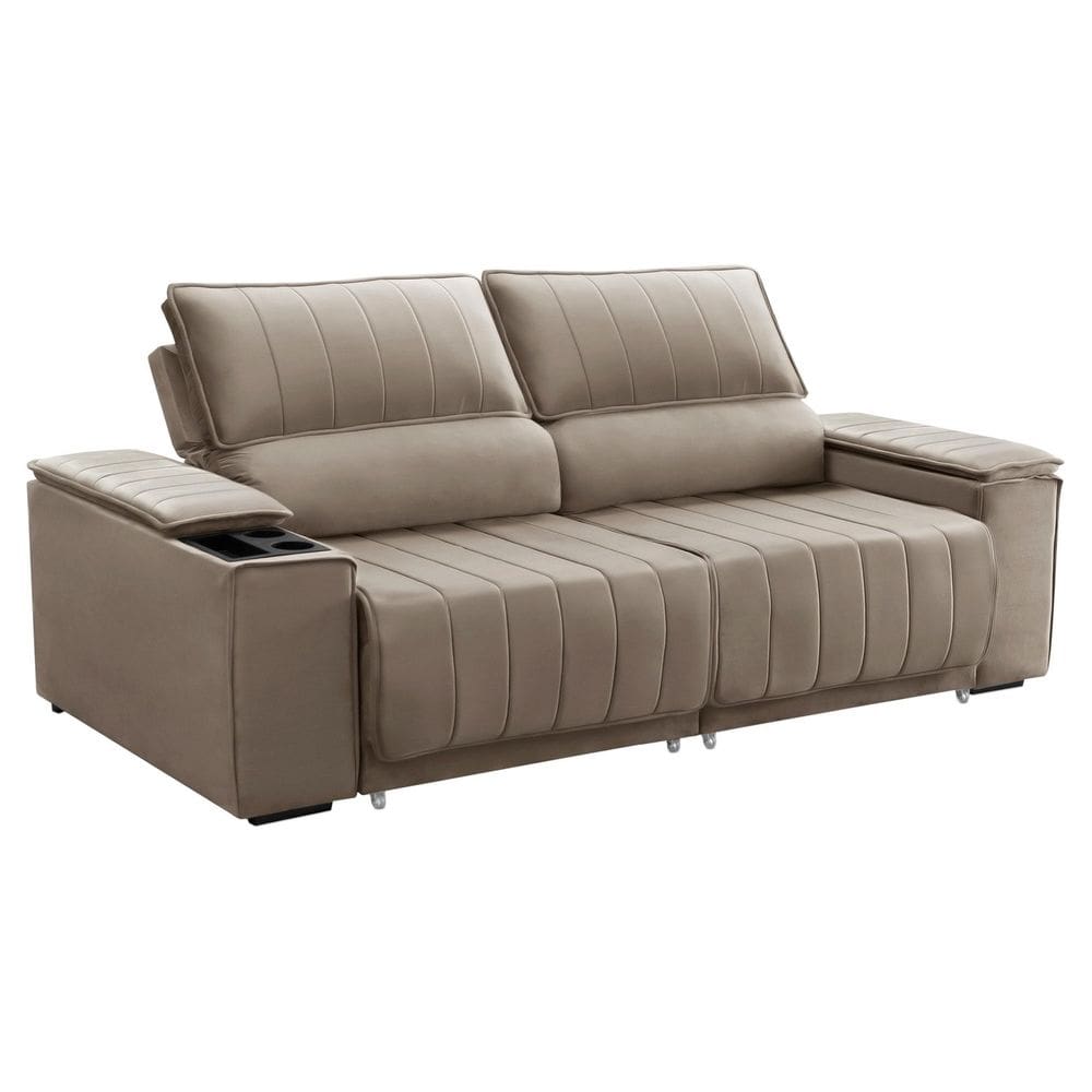 Sofa com Porta Copo 4 Lugares 190cm Retratil e Reclinavel Lion Bege