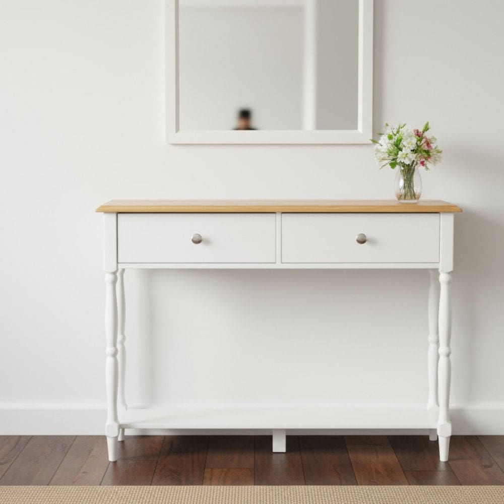 Aparador 2 Gavetas Tampo em Madeira Maciça Pés Torneados Louise Branco/Mel