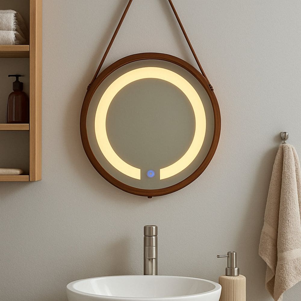 Espelheira Redondo Iluminado 40cm com Alça Touch 2 Leds com Alça Adnet Cobre/Caramelo