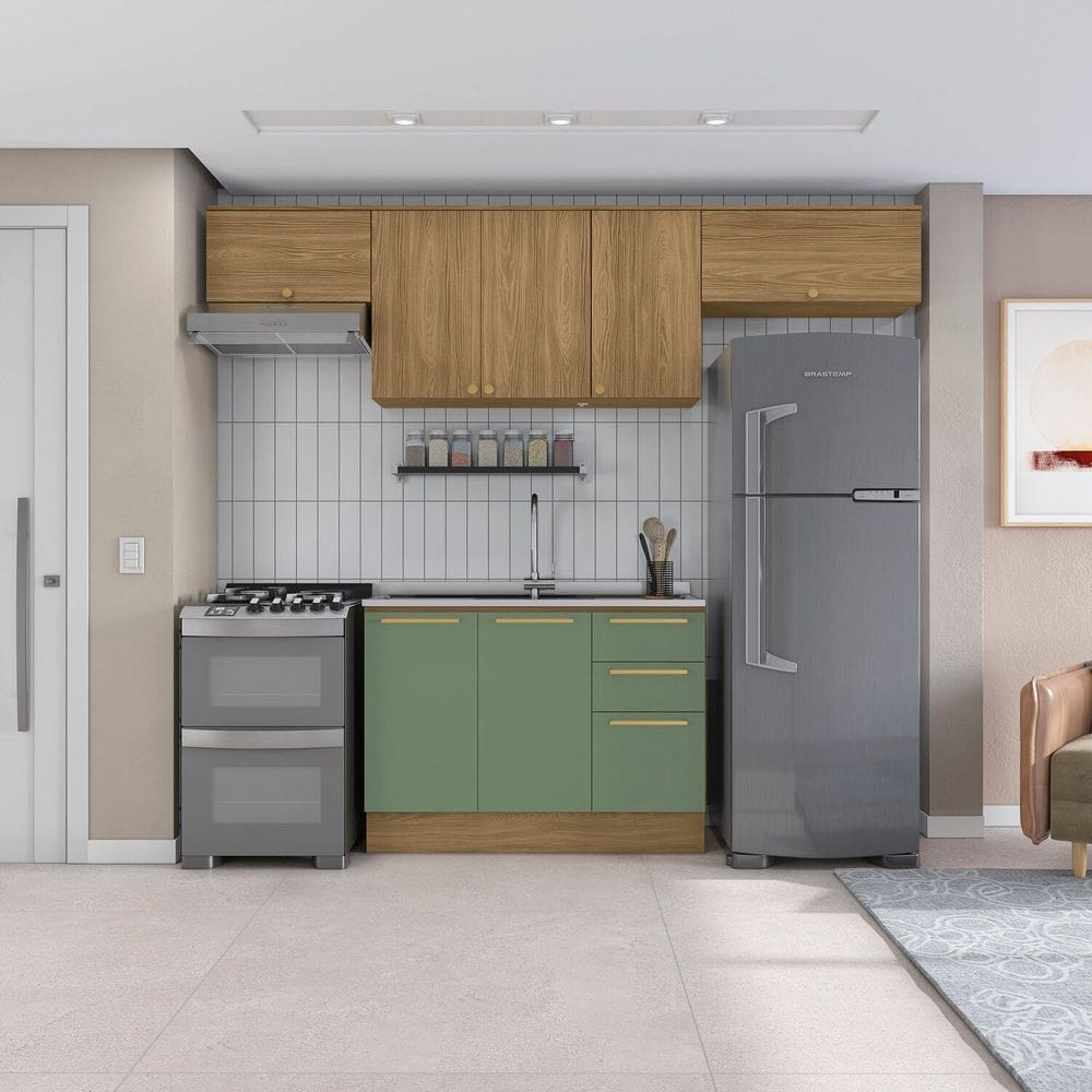 Cozinha Compacta 4 Peças com Balcão e Armários Botanic Nogueira/Verde Oliva