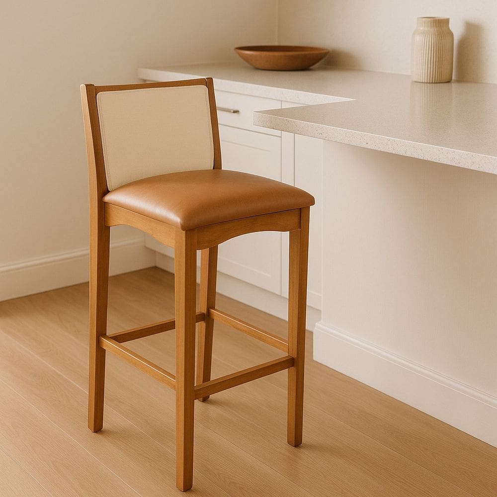 Banqueta Madeira Maciça Encosto Tela Sling Toscana Carvalho