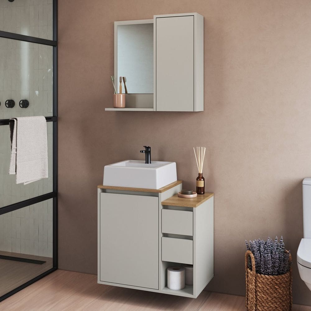 Conjunto para Banheiro Gabinete Suspenso 60cm com Cuba Espelheira Bari Arenas