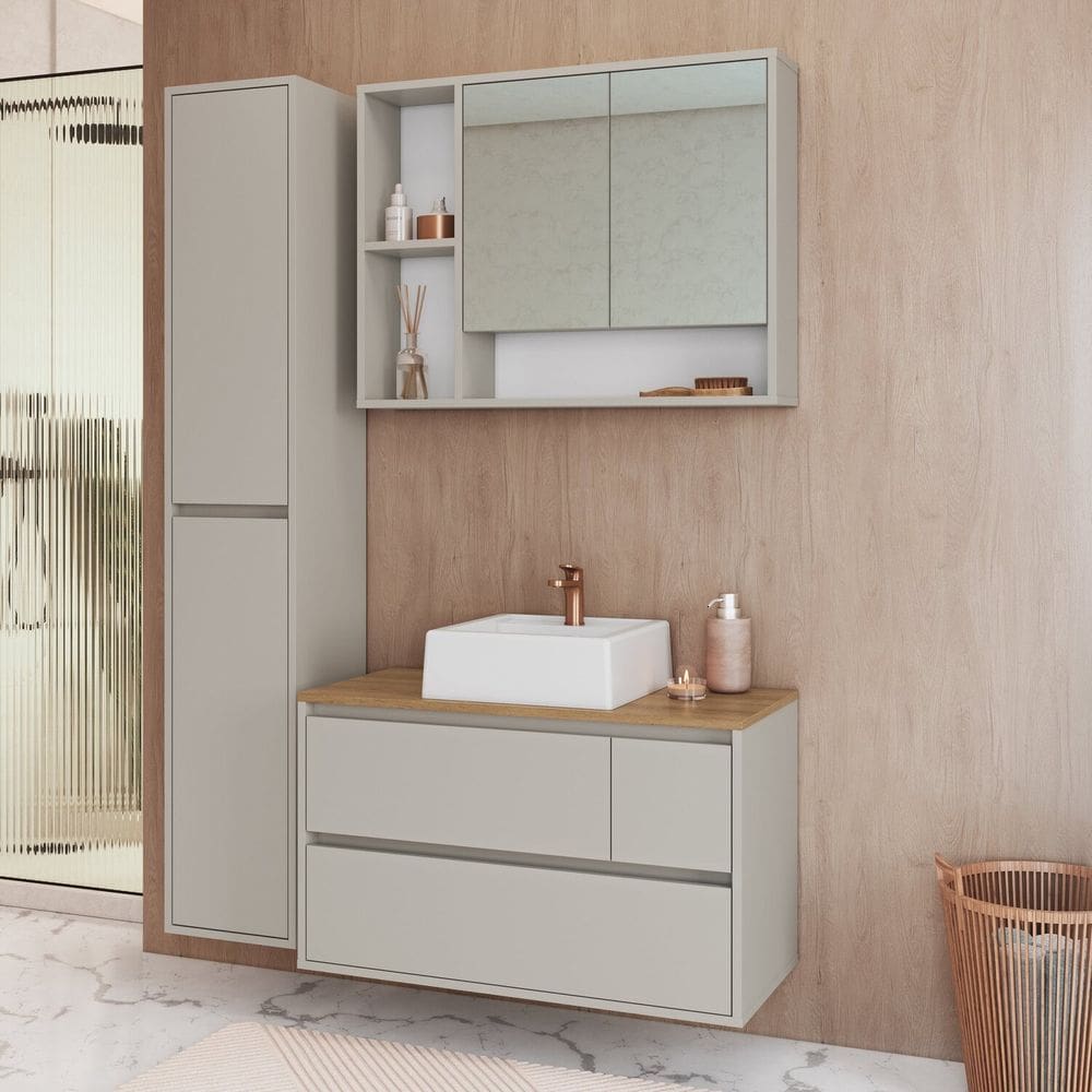 Conjunto para Banheiro 108cm com 3 Peças Gabinete Suspenso com Cuba Belarus Arenas
