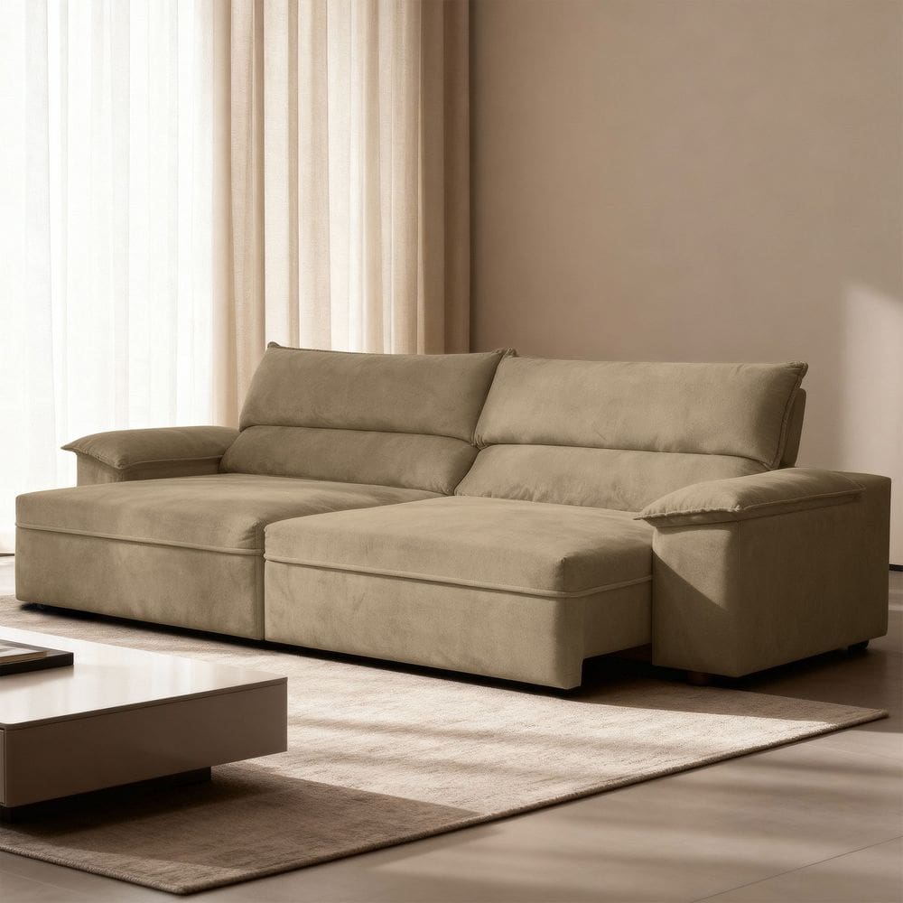 Sofá Retrátil Reclinável Molas Ensacadas 290cm Veludo Malta Capuccino