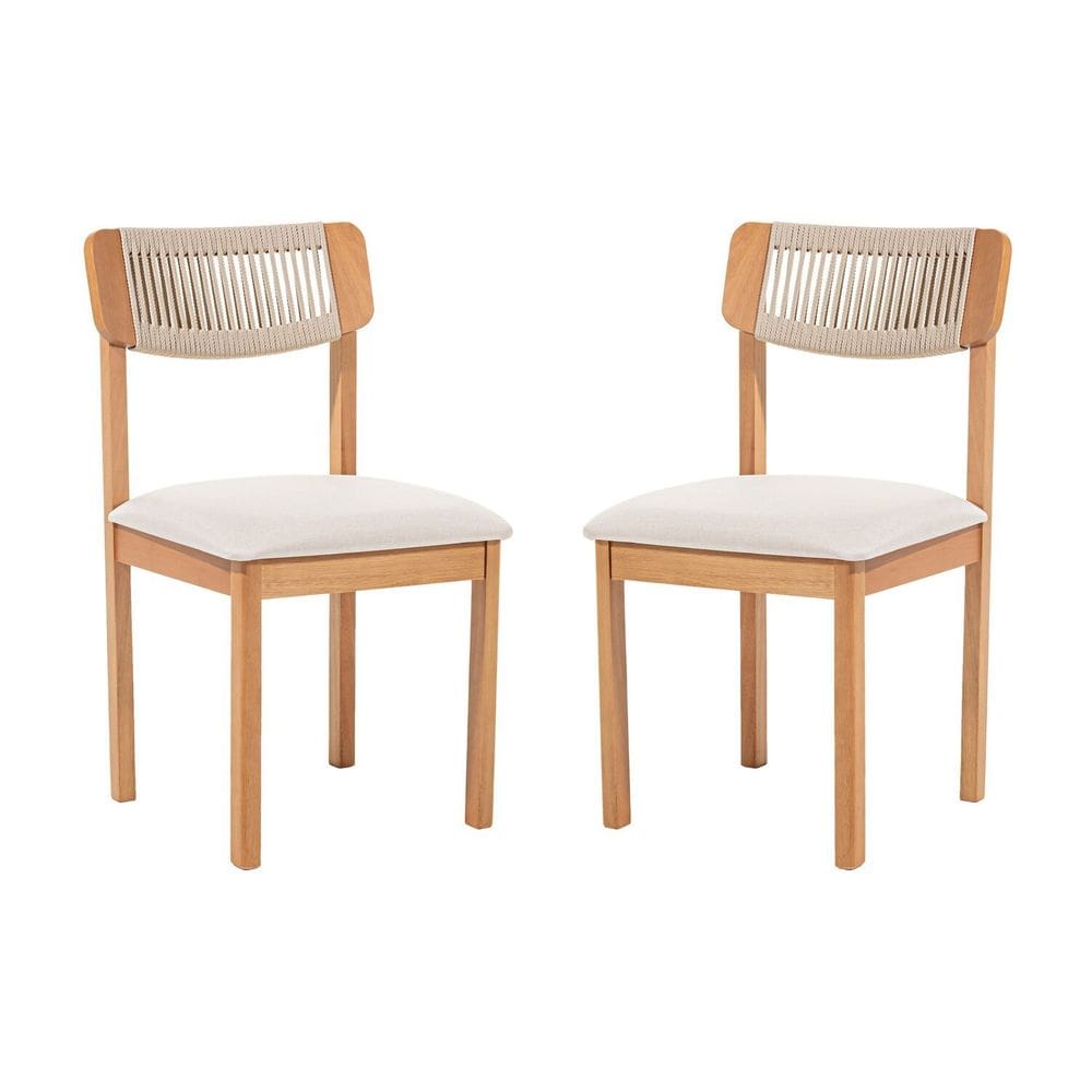 Kit 2 Cadeiras com Encosto Corda Assento Estofado Florença Areia/Cru/Verniz Mel