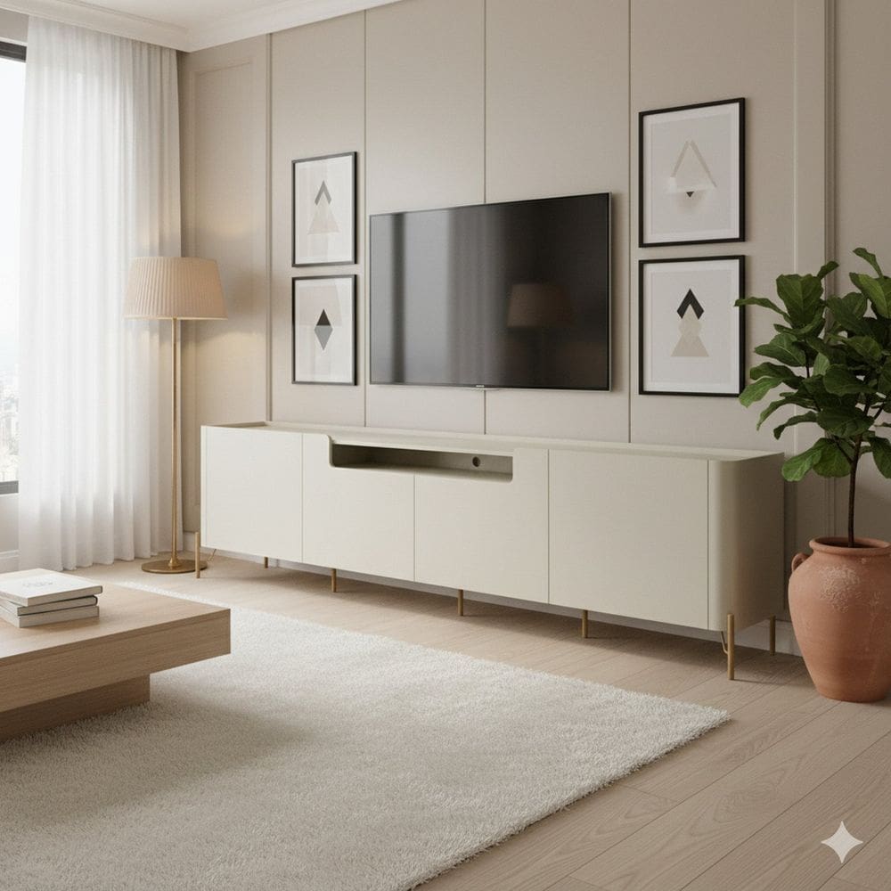 Rack para Tv 50 Polegadas 100% Mdf com 4 Portas Lisas 220cm para Sala Pés em Metal Bend Luna / Dourado