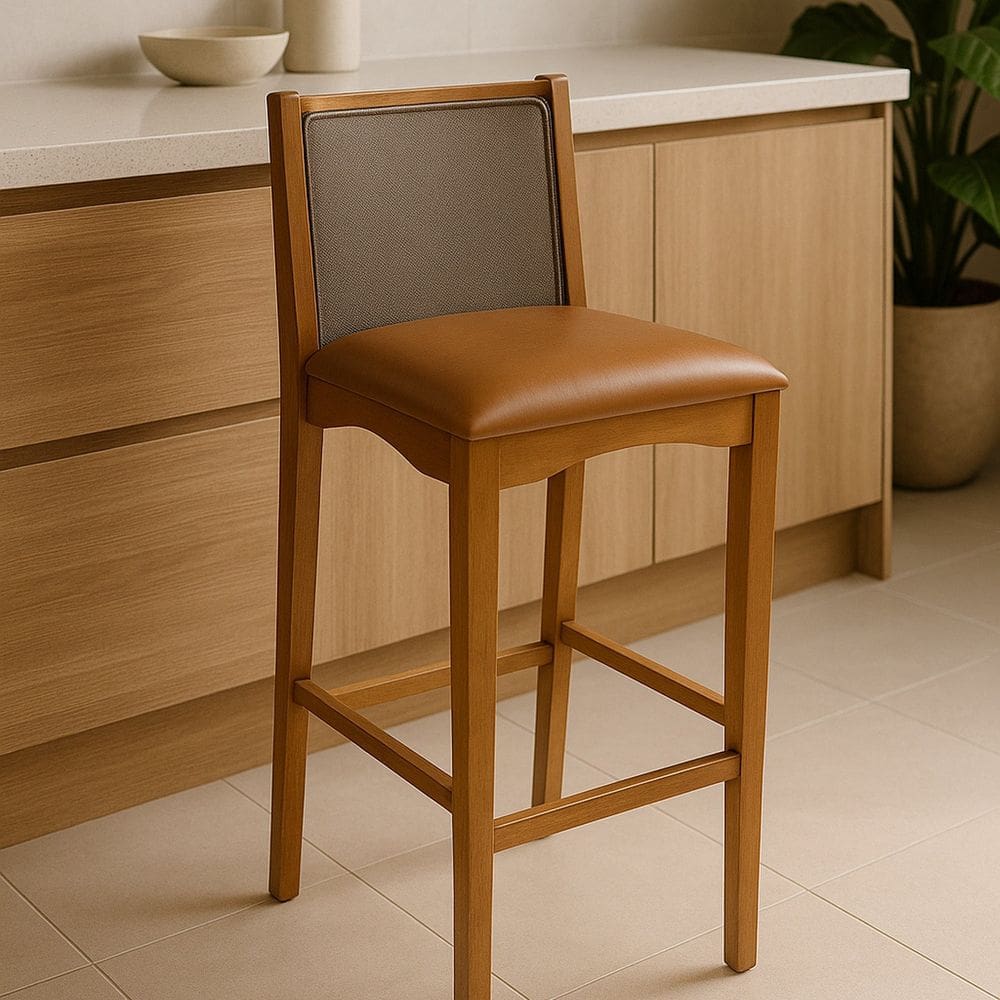 Banqueta Madeira Maciça Encosto Tela Sling Toscana Carvalho