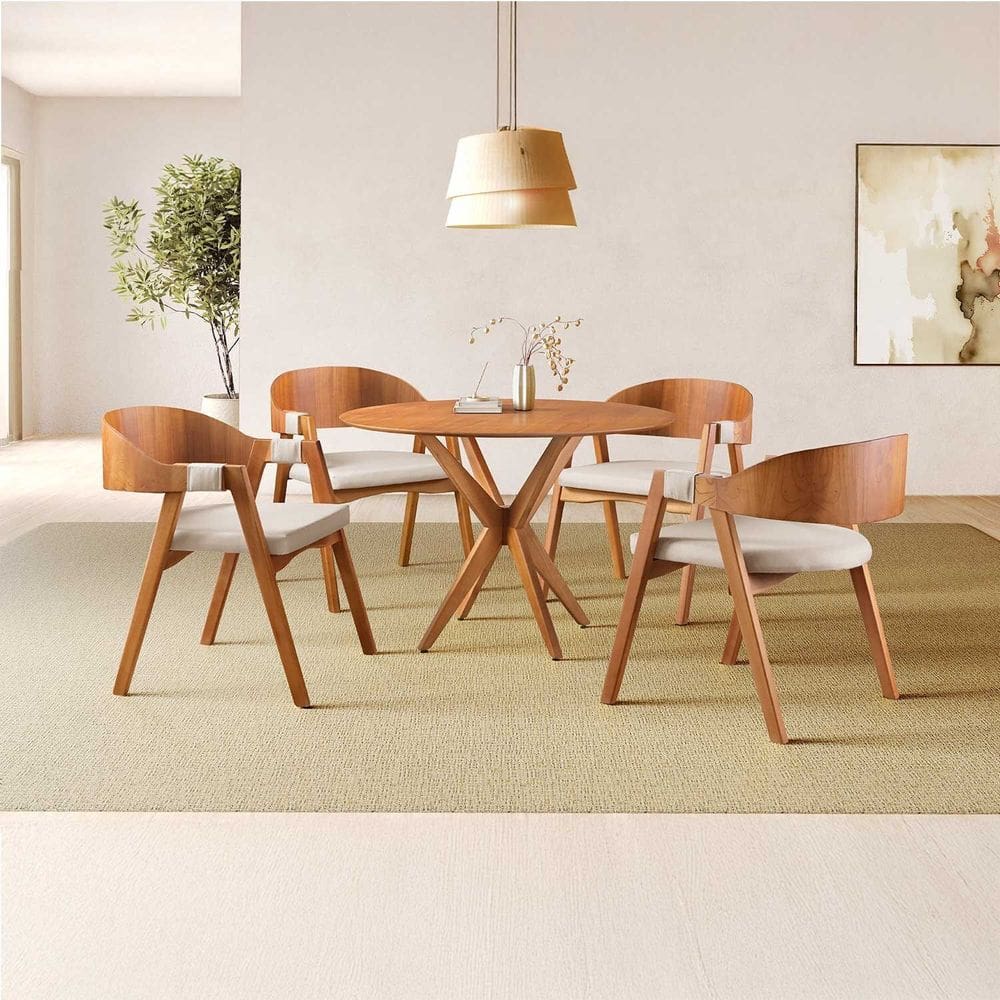 Conjunto de Mesa Redonda 100cm com 4 Cadeiras Luna Nude/Freijó