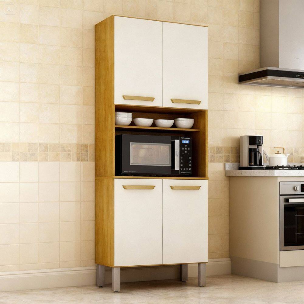 Paneleiro Torre Quente 4 Portas com Espaço para Micro-ondas Adele Cinamomo/ Off White Acetinado