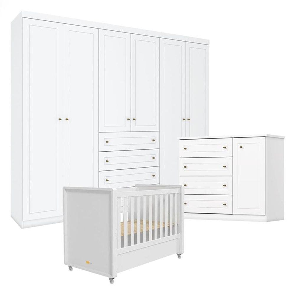 Quarto Infantil Mississipi 6 Portas com Berço Tutto New Branco Fosco - Henn