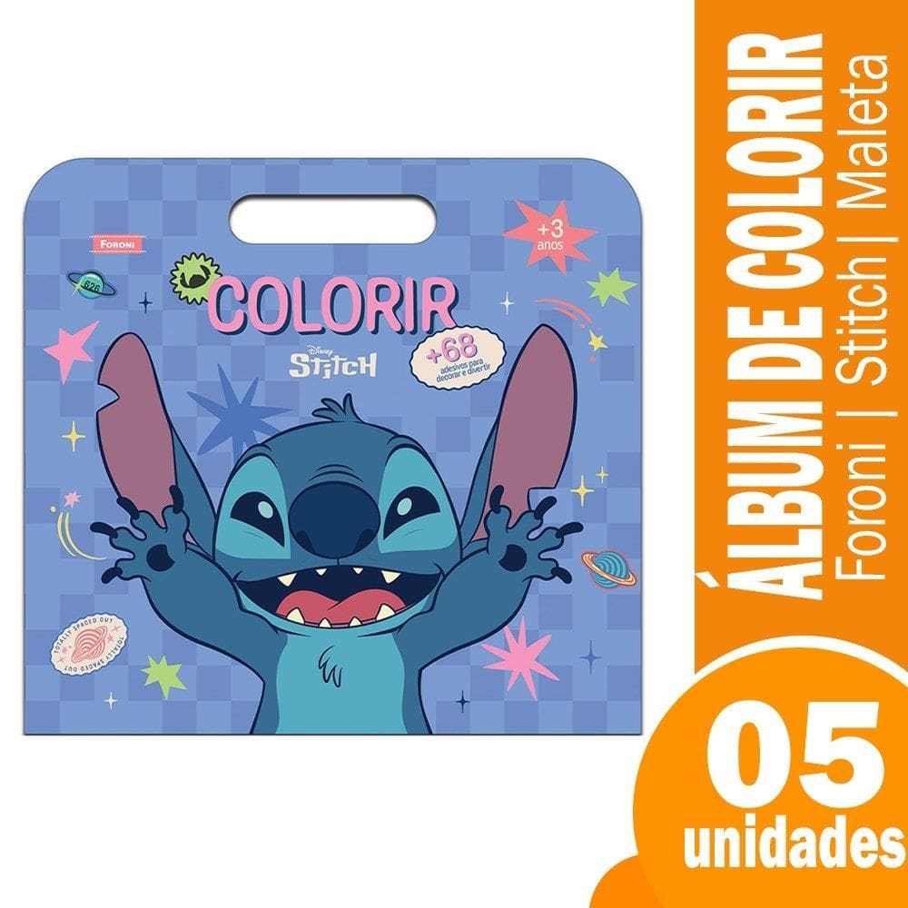 Álbum para Colorir Foroni Stitch Maleta 8 Folhas - Embalagem com 5 Unidades