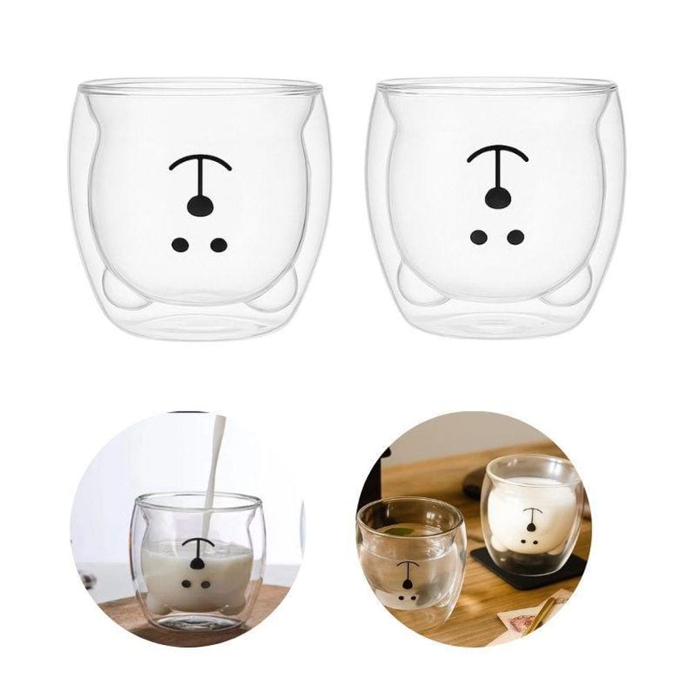 02 Canecas Copo Urso Vidro Duplo 250Ml Bebida Quente E Fria