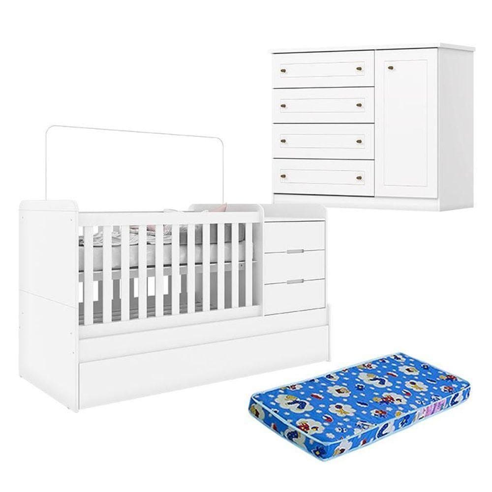 Berço Multifuncional Cleo E Cômoda Infantil Americano Branco Fosco Com Colchão Ortobom - Henn