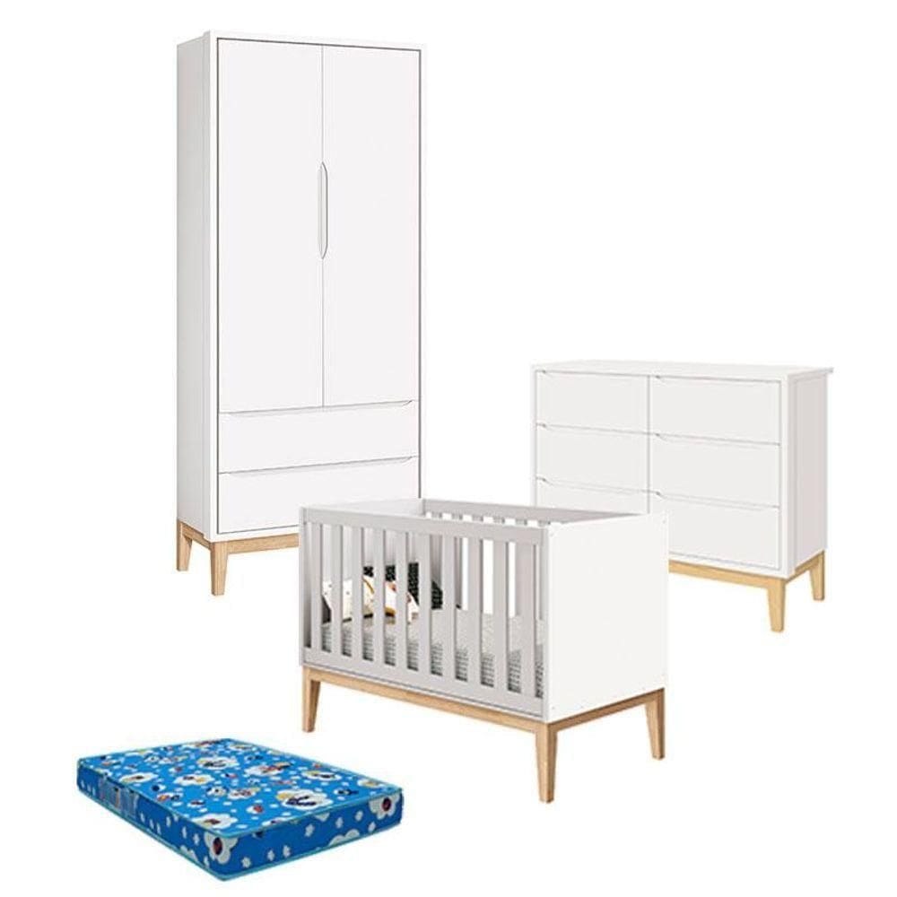 Quarto De Bebê 2 Portas E Cômoda 6 Gavetas New Classic Branco Com Pés Madeira Natural E Colchão Ortobom - Reller