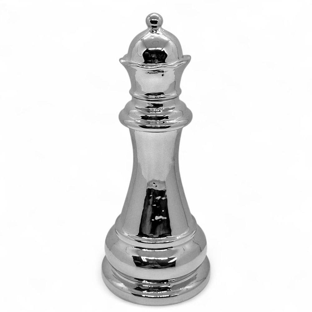 Enfeite Peça de Xadrez Porcelana Prata Brilhante Rainha 17cm
