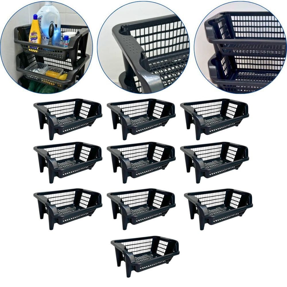 Kit 10 Cesto Plástico Expositor Empilhável Preto 16 Litros