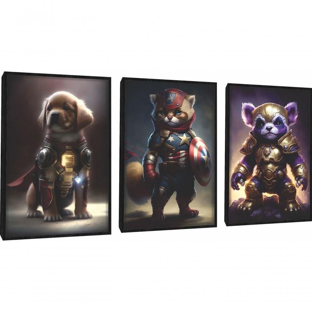 Quadro Decorativo Super Heróis Pets Com Moldura Preto