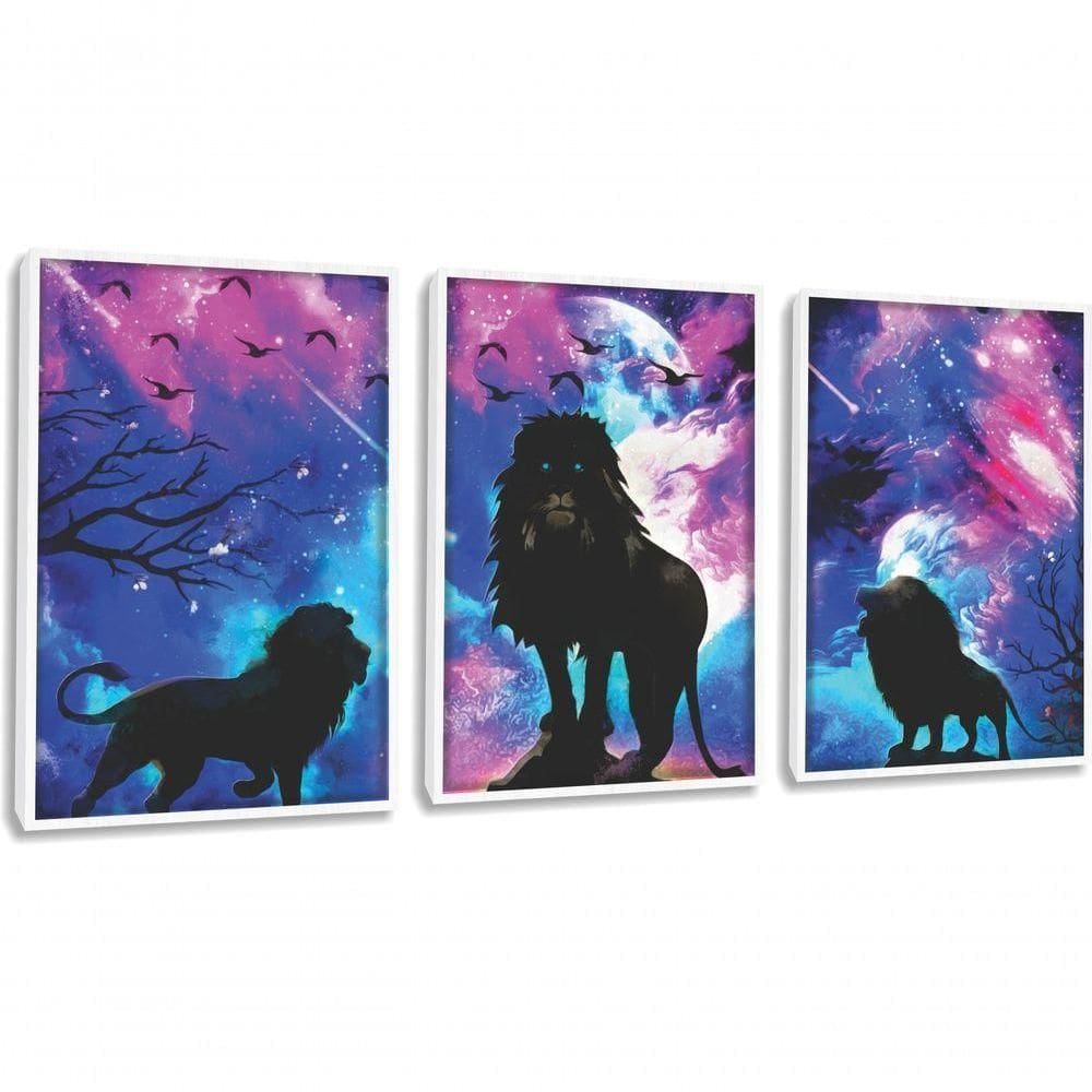 Quadro Decorativo Leão Com Fundo Colorido Com Moldura Branco