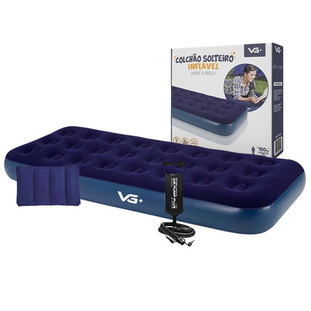 Colchão Solteiro Inflável + Bomba De Ar + Travesseiro Vg Plus