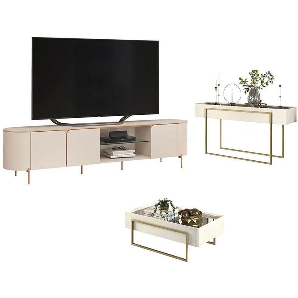 Rack Bancada Ariana Com Aparador Petri E Mesa De Centro Petri Off White - Dj Móveis