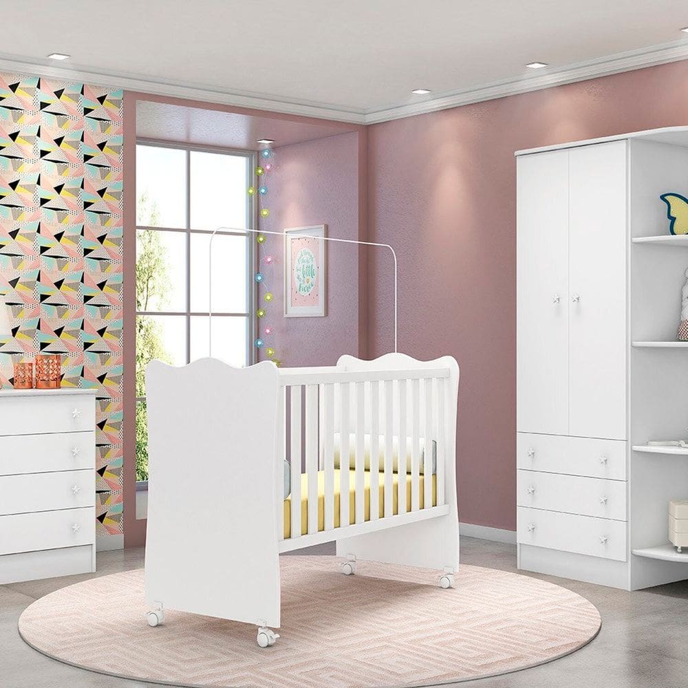 Quarto para Bebê Completo com Roupeiro Cômoda e Berço Doce Sonho Branco