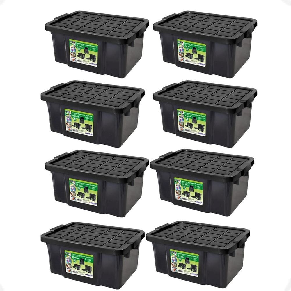 8 Caixa Organizadora Multiuso Preta 15L Empilhável Com Tampa