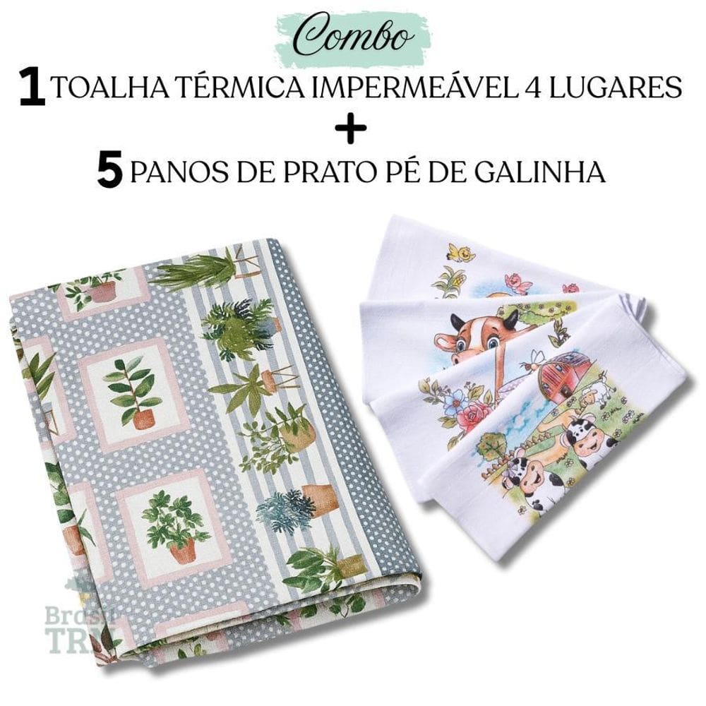 Combo 5 Panos De Prato + 1 Toalha Térmica De Mesa 4 Lugares