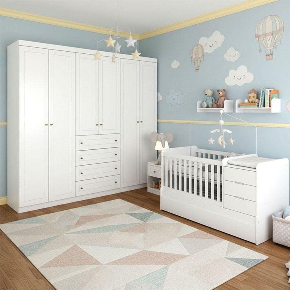Berço Multifuncional Cleo E Guarda Roupa 6 Portas Americano Ambiente Branco Fosco - Henn