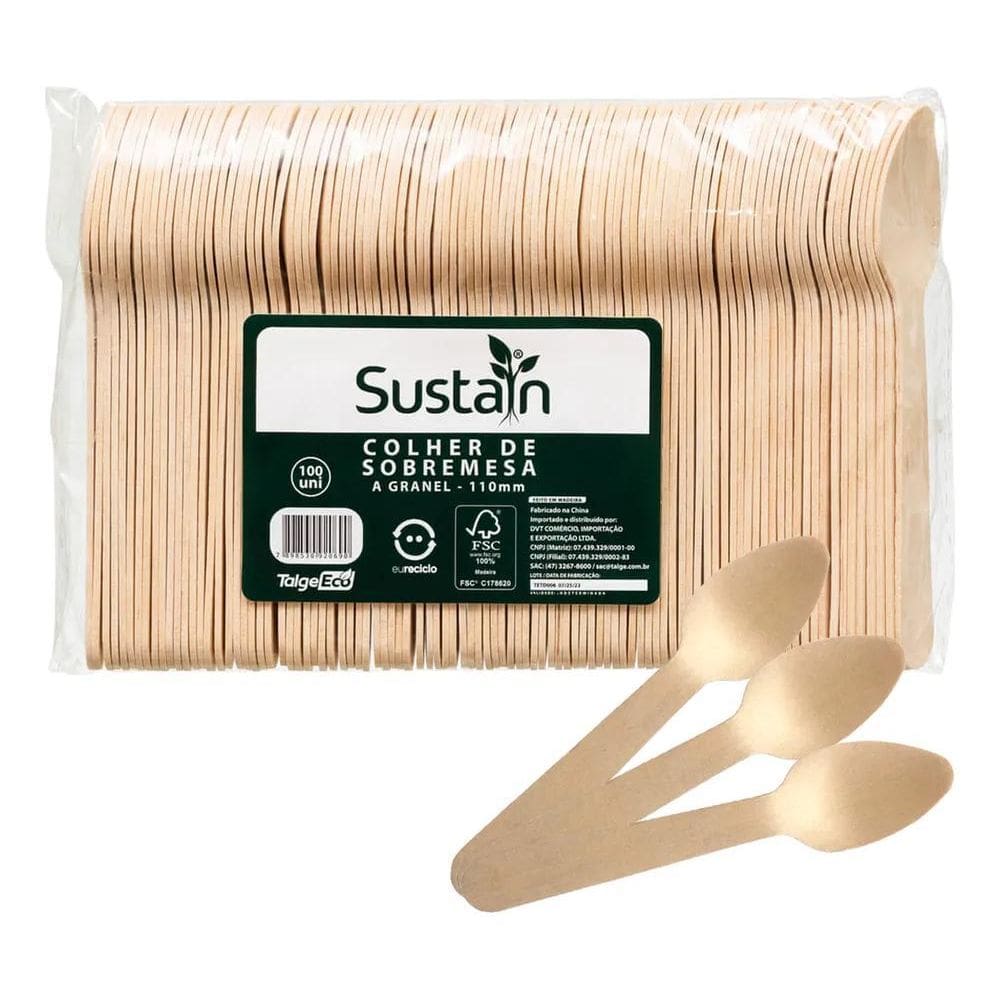 2X Colher De Sobremesa Madeira Biodegradável 100Un Sorvete A