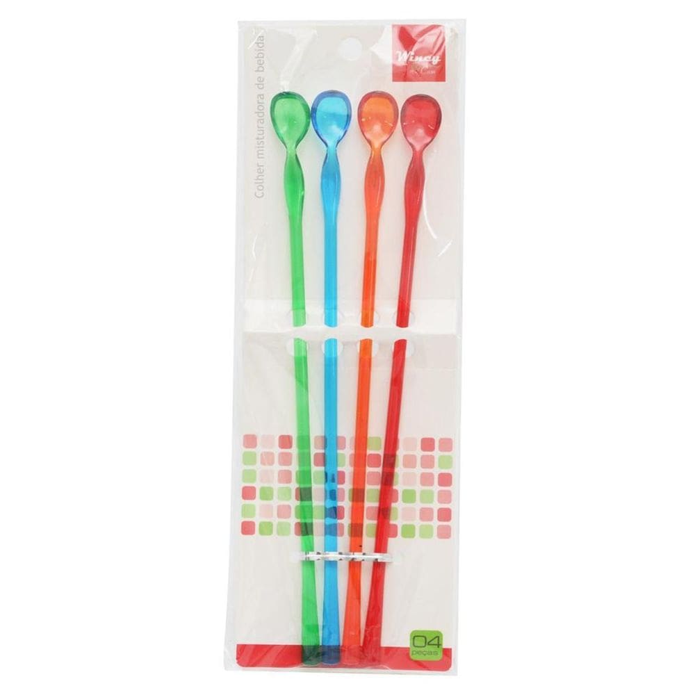 Colher Longa Para Bebidas 27Cm Plástico Com 4 Peças
