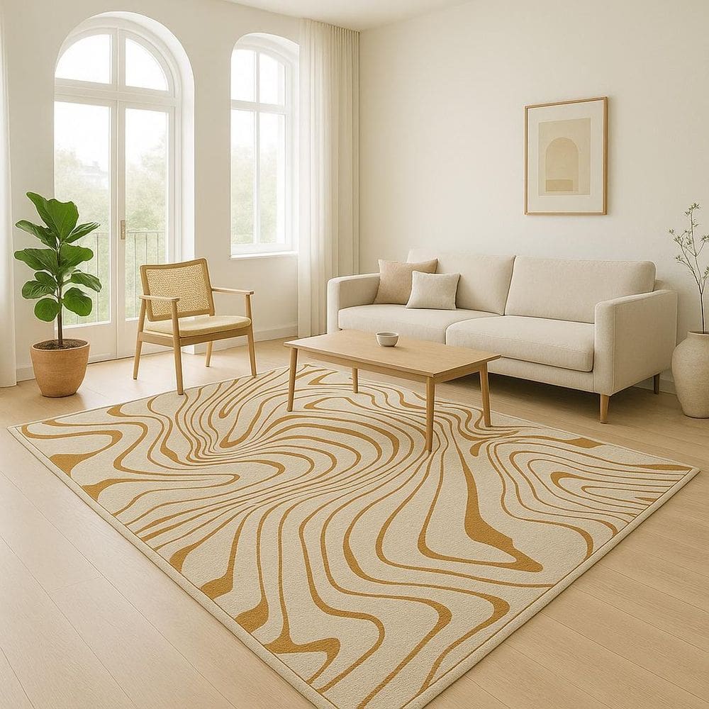 Tapete Sala 300X400Cm 3X4 Sem Pelo Organico Bege Dourado