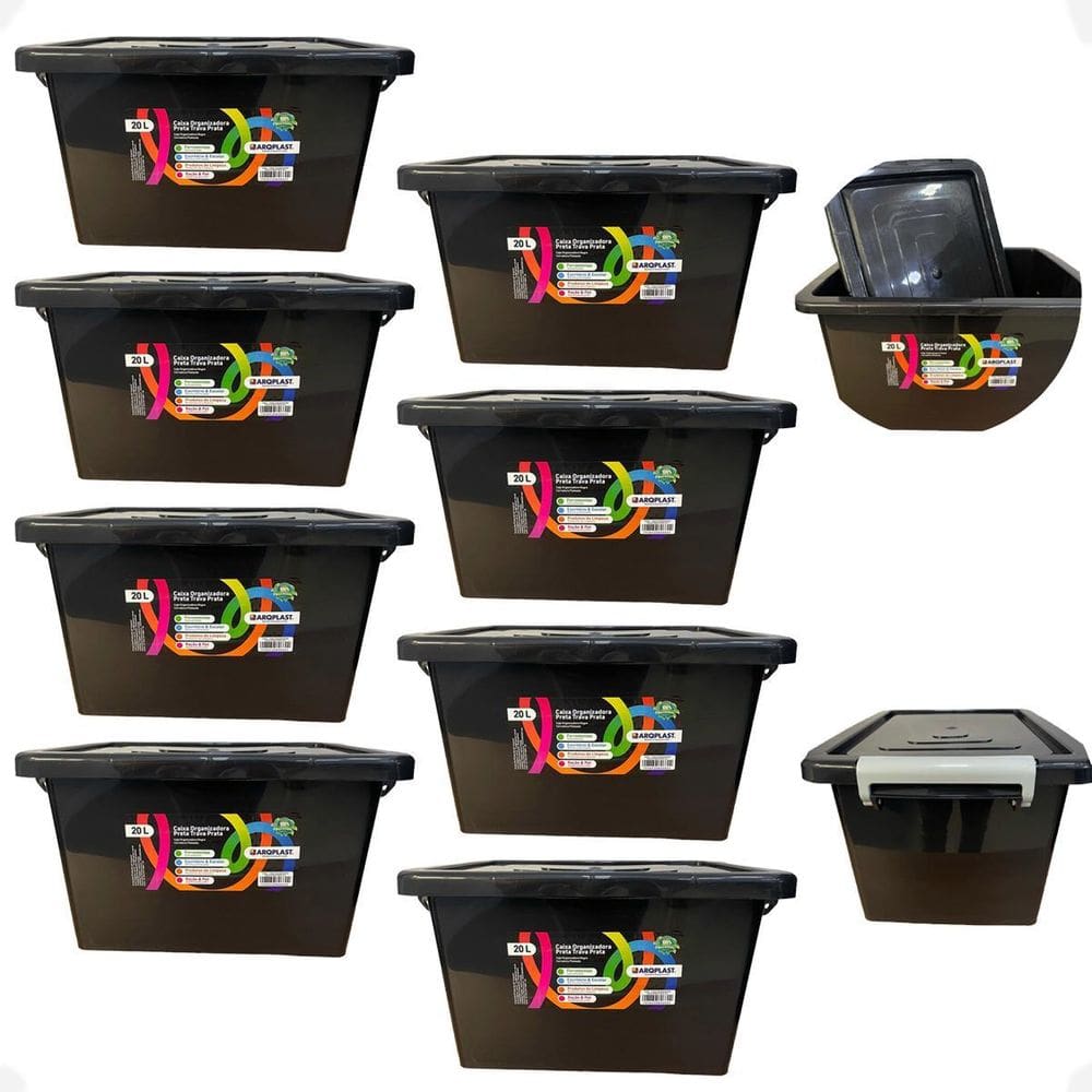 8 Caixa Organizadora Multiuso Preta Com Trava Prata 20 Lts