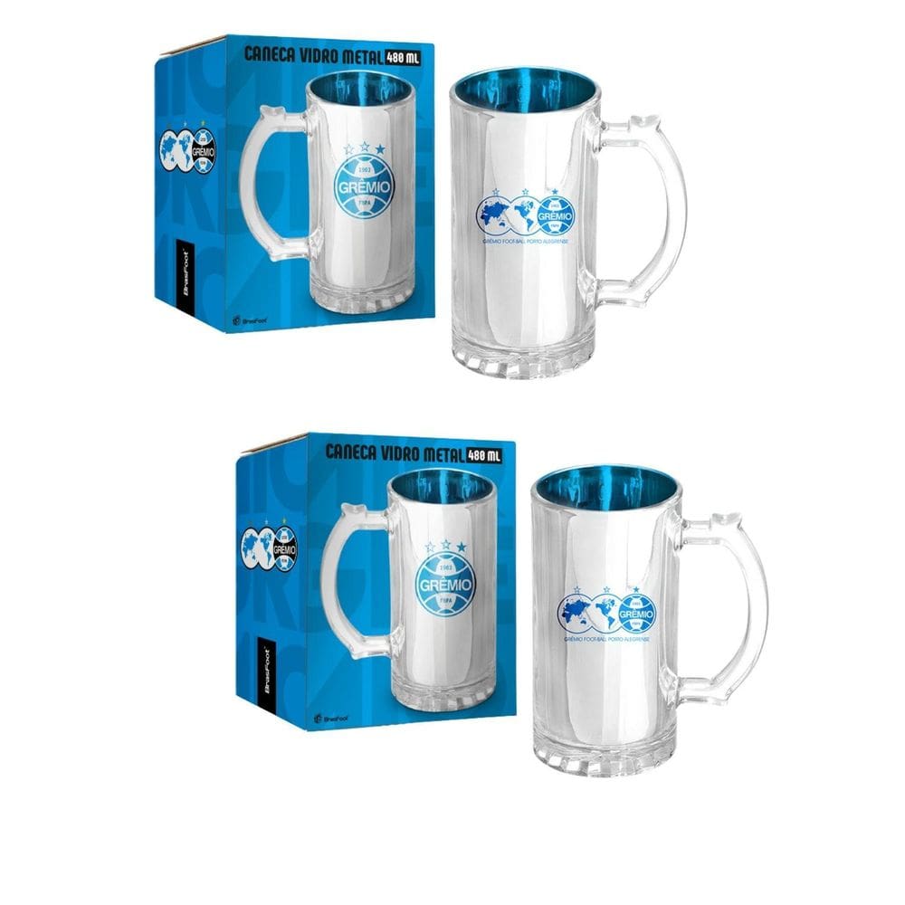 Kit 2 Caneca Vidro Reforçado Metalic 480Ml Cerveja Grêmio