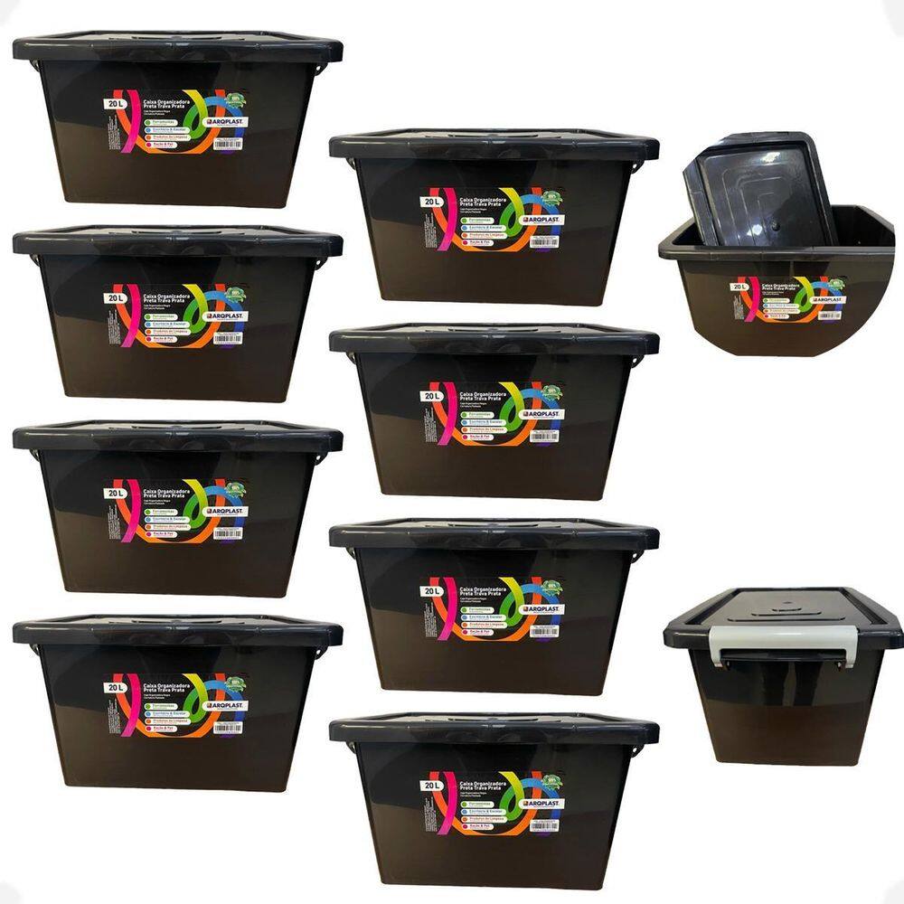 8 Caixa Organizadora Multiuso Preta Com Trava Prata 20 Lts