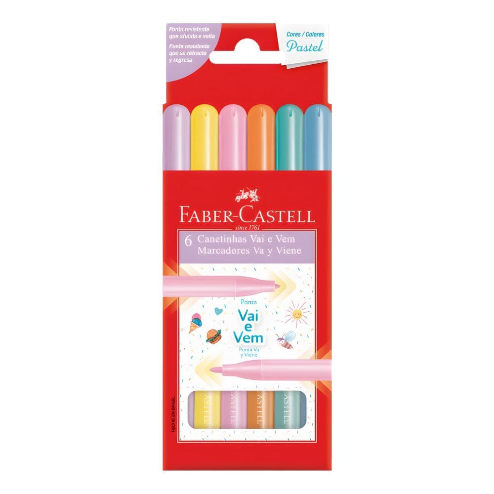 Canetinha Hidrográfica Vai e Vem c/ Visor de Nome Ponta Resistente 6 Cores Pastel- Faber Castell