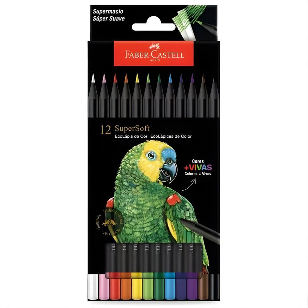 Lápis de Cor EcoLápis SuperSoft 12 Cores +Vivas Pinta em Papel Branco/Preto - Faber Castell